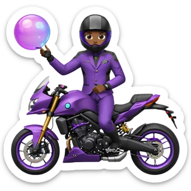 Créer un emoji copiable sur mon système iOS avec une moto mt07 noir mate / violet plus foncé que tu as et iridescent. le style de la mt07 doit être en sport. Avec pilote dessus visière violet bulle de la moto violet aussi. Avec fond arrière  violet  sticker