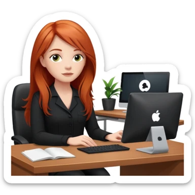 Video call therapy session: red-haired therapist with long hair wearing black minimalist clothing, seated in a professional home office, looking at the webcam; calm, modern teletherapy setting sticker