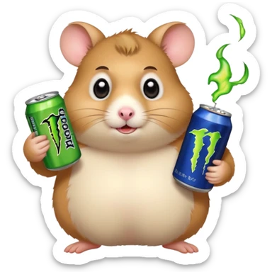 Funny cartoon-style fat hamster with big wide eyes  holding a can of monster energy in one hand and redbull in the other hand sticker