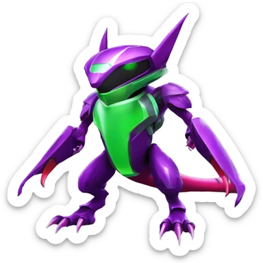 a shiny purple-green-red Genesect-Raptor-Fakémon—hybrid with a futuristic visor-helmet full body sticker