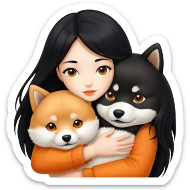 A beautiful girl with long black hair hugs a Shiba Lnu sticker