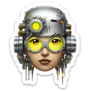 Fat Caucasian female cyborg head with Neon yellow bobbed hair, silver steampunk goggles and circuits sticker