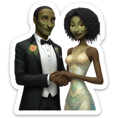 Alien reprilian woman in wedding dress and one humman man in a tuxedo holding hands getting married sticker