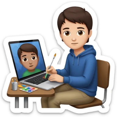 boy working in Macbook, he is graphic designer and paint artist, he seat front side and hair dark brown color sticker