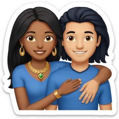 smiling embracing interracial couple from waist up. ebony woman with long hair and jewelry. brazillian man short hair wearing blue. sticker