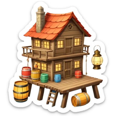 
fisherman house on a wooden pier, small dock, fishing nets hanging, barrels, lantern, ocean vibe, 3D cartoon, cute mobile game icon, clean background, no text
 sticker