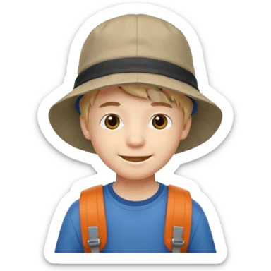 a young student boy with the backpack with bucket hat sticker