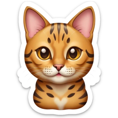 Cinematic Cute Bengal Cat Portrait Emoji, Playful and charming, sleek spotted brown and gold tones, Simplified yet adorable features, highly detailed, glowing with a warm, friendly glow, high shine, curious and affectionate, stylized with a touch of whimsy, bright and alert, soft glowing outline, capturing the essence of a mischievous yet loving kitten, so endearing it feels like it could pounce out of the screen and play! sticker