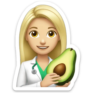 blonde dietitian holding avocado sticker