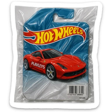 Hot Wheels blister pack with red Ferrari, 'PLAVLEYS' in bold slanted racing letters on the car, shiny and inflated vacuum-sealed style sticker