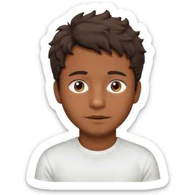 Homme brun cheveux court ondulé. Métisse. Yeux marrons très foncé. Avec t-shirt blanc avec du duvet  sticker