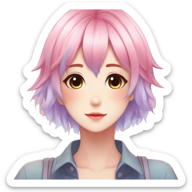 Gorgeous anime style shojo character with blushing face aesthetic and pretty colorful shiny gradient pastel hair with hair garment trending style sticker