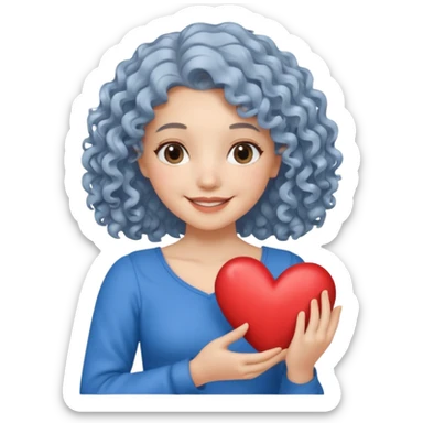 silvery curly/wavy shoulder-length hair smiling lady holding a heart thinner hair, different top sticker