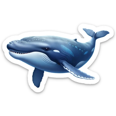 Cinematic Noble Humpback Whale Portrait Emoji, Poised and grand, with an enormous, barnacle-speckled blue-gray body, soulful, wise eyes, and a deeply serene presence, Simplified yet sharp and sophisticated features, highly detailed, glowing with a soft oceanic radiance, high shine, intelligent and powerful, stylized with an air of deep-sea mystery, focused and regal, soft glowing outline, capturing the essence of a legendary giant of the ocean that appears ready to glide majestically through the waves with effortless grace! sticker