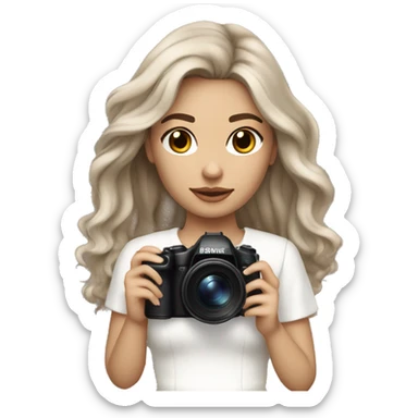 An aesthetic girl photographer, wearing off white classy outfit, her skin tone is light and hair color is ash brown. Hair style is beach waves. The hair is mid length and straight . She has a white skin tone and is holding her camera sticker