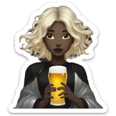 Ethereal galactic Girl wearing black and gold sat on a nebula galaxy drinking beer surrounded by golden stars and planets sticker