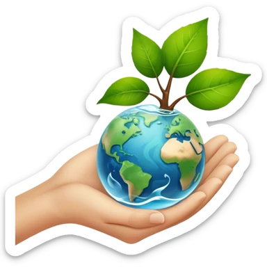 An icon featuring a green leaf, Earth held in hands, and a recycling symbol, symbolizing ecology. The design includes trees, clean water, and animals, representing environmental protection, sustainability, and ecosystems. Transparent background highlights the science of nature and conservation. sticker
