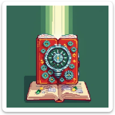 a red book opened with ideas represented by lightbulbs and gears, and money represented by coins and bills coming out, under a spotlight sticker