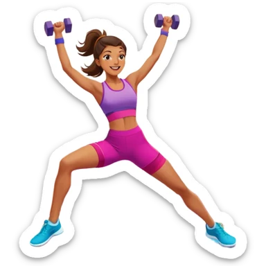 An energetic person performing an aerobics workout in a brightly lit gym, jumping and stretching with enthusiasm. The scene includes vibrant fitness equipment like dumbbells and exercise mats, with a background of cheerful, motivating colors, conveying energy and movement. sticker