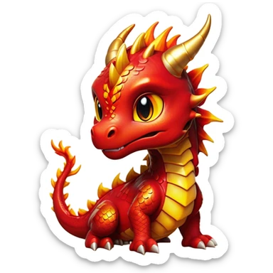 Cinematic Cute Fierce Fire Dragon Portrait Emoji, Head tilted playfully and inquisitively, showcasing a robust, flame-embellished form with intricately detailed scales in vibrant reds and glistening golds, accented by flickering ember highlights and a warm, inviting glow; rendered with lifelike detail and radiant natural light, high shine, spirited yet endearing, styled with a touch of blazing whimsy, soft glowing outline, capturing the essence of a mischievous yet charming inferno that seems ready to dance with playful fire! sticker