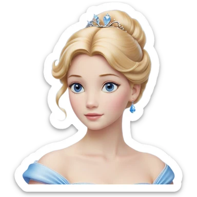 Cinematic Realistic Cinderella Portrait, depicted with lifelike skin texture, subtle rosy undertones, and soft natural lighting that enhances the gentle contours of her face. Her intricately detailed golden blonde hair is elegantly styled in an updo, with delicate wisps framing her face. Her deep, expressive blue eyes radiate warmth and sincerity, reflecting a quiet resilience and grace. She holds a glass slipper gently in one hand, her other hand resting gracefully at her side, emphasizing the timeless beauty of the moment. She is dressed in her iconic ball gown, the fabric shimmering with intricate embroidery and fine translucent layers that catch the light beautifully. The soft sheen of satin gloves adds a magical touch to her graceful pose. The portrait features an enchanting glow with a natural, luminous finish, seamlessly blending realism and fairytale charm to evoke a sense of depth, elegance, and timeless beauty. sticker
