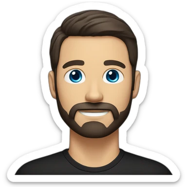 White man with a slight sun kissed tan, blue eyes and dark brown hair. He has a beard and mustache trimmed. Wears black clothing and wears his hair styled sideways backwards. sticker