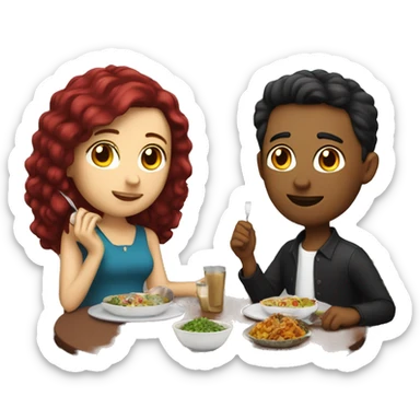 Girl with burgundy hair and brunette guy sitting at the table eating dinner sticker