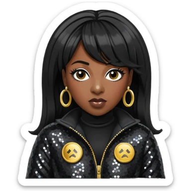 Missy Elliott with jet black hair, black sequin outfit sticker