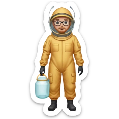 full body medium plus size bee keeper with  short light strawberry blonde hair and goatee wearing glasses  sticker