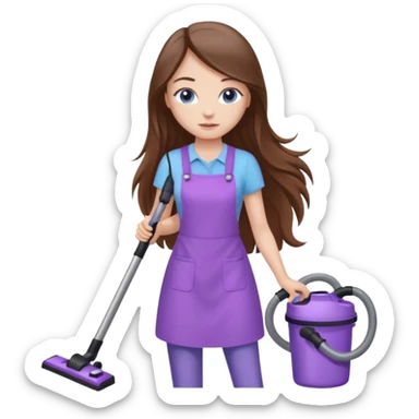 beautiful girl with long brown hair, blue eyes and wearing light purple clothes, cleaning and vacuuming sticker