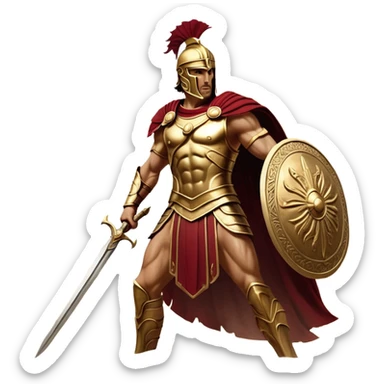 Cinematic-realistic Achilles, the unstoppable Greek warrior, standing fearlessly on the battlefield of Troy. His golden armor gleams under the scorching sun, each intricate engraving telling tales of his past glories. His piercing gaze locks onto his foe, his grip tightening around his ornate bronze sword as his crimson cape billows behind him. The dust swirls at his feet, the echoes of clashing weapons and distant war cries surrounding him, the essence of an immortal legend in motion. sticker