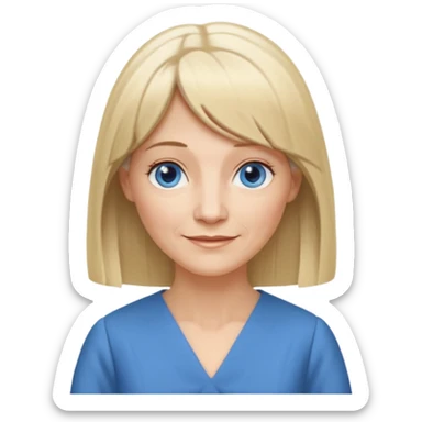 50 yr old white woman, hippie parted very long hair, short bangs, very long straight blond hair, oval face, small smile, blue eyes, thin face, hair downback, hair parted at center of head, round cheeks, pale, longer hair, business dress sticker