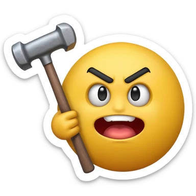 yellow sphere emoji with angry and silly face holding a sledgehammer sticker