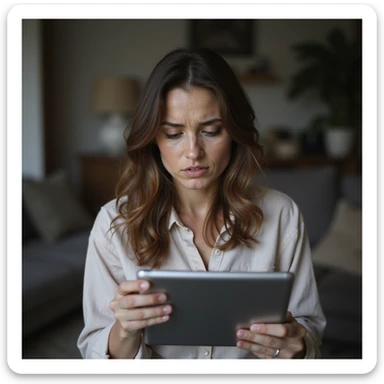 hyperrealistic 4K image of a woman reading an article about slow metabolism after 30 on a tablet, worried expression, domestic environment sticker