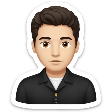 He’s a man with light to medium skin, a defined oval face, full brows, deep-set eyes, and wavy short dark brown tall hair styled with height, sides are trimmed. expression calm and focused relaxed black open-collar .polished, articulate, and coach vibe. sticker