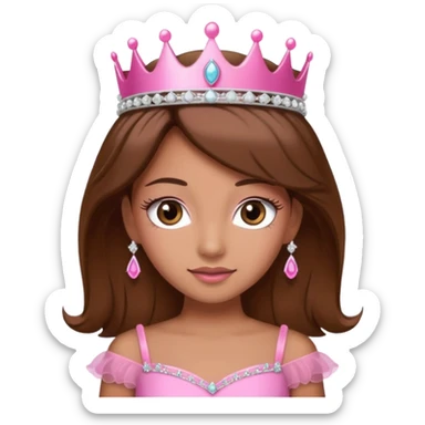 A pretty princess emoji with eye lashes, tan skin and brown hair with a pink dress and tiara  sticker