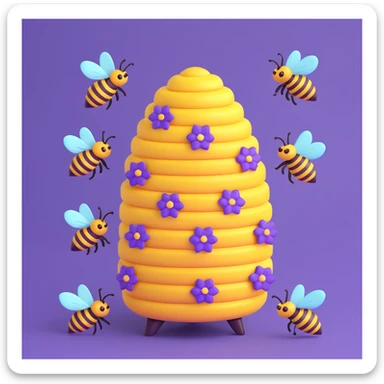 a purple beehive with five purple bees flying around, cheerful and cute, no text sticker