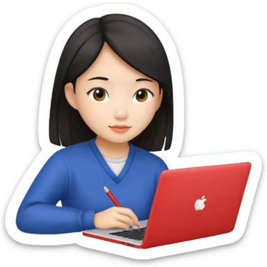 An asian girl is preparing for IELTS online with a laptop. sticker