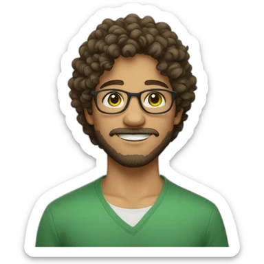 A young man with green eyes, wearing round glasses, curly hair, white skin, a bit of a beard, and a light moustache. sticker