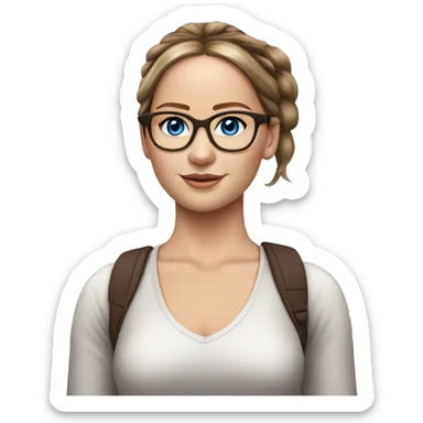 Hyper real Jennifer Lawrence with blue eyes glasses and chocolate hair in ponytail  sticker
