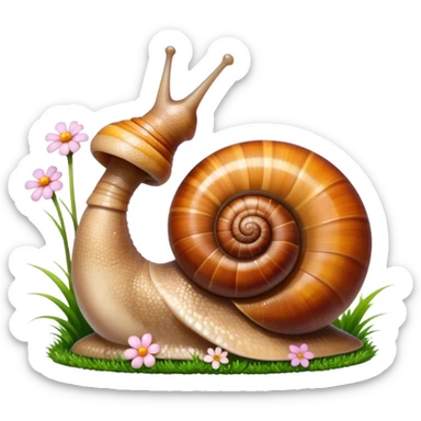 Close-up of large home snails inside a terrarium, showcasing their soft, spiral shells and glistening bodies, with a gentle light highlighting their details. With stones and grass and flowers. Transparent background. sticker