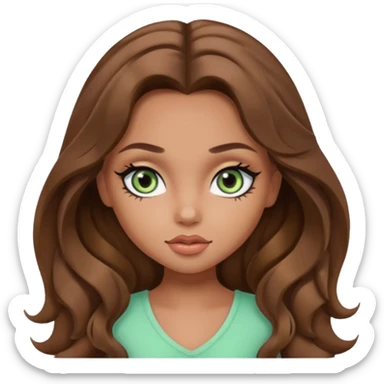 pretty bratz girl, long wavy brown hair, pale green eyes, black eyeliner, tan skin sticker