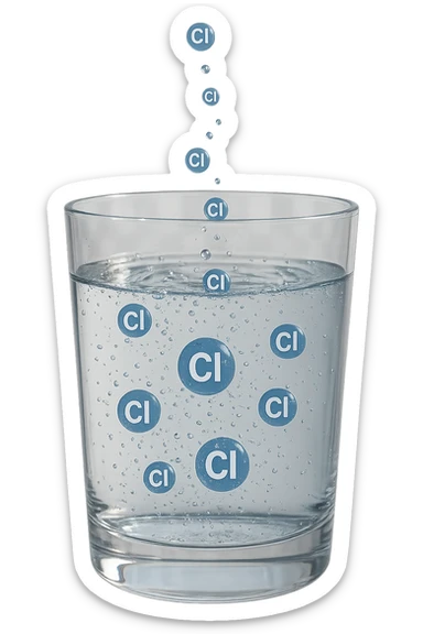 un bicchiere di acqua realistico e dettagliato fluttua in aria, dentro l'acqua del bicchiere ci sono particelle di cloro ben visibili con la scritta "Cl" sopra, ci sono particelle anche che escono dal bicchiere e fluttuano in aria verticalmente, mentre alcune sono all'interno dell'acqua nel bicchiere, iperrealistico 4k sticker