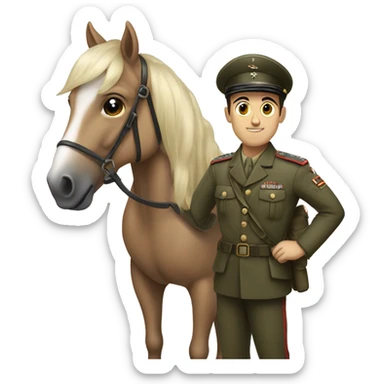 young man with a small square mustache, black side-parted hair, and in a WW2 military uniform on a pony sticker