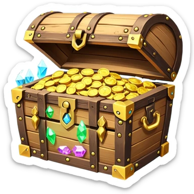unlocked treasure chest glowing from the inside coins ,gems, RPG game style sticker