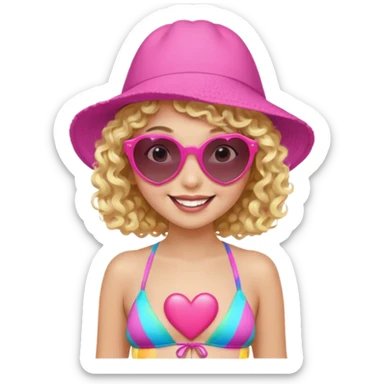young girl, short curly blonde hair, white skin, pink floppy hat, heart sunglasses, colorful bikini, big bright smile sticker