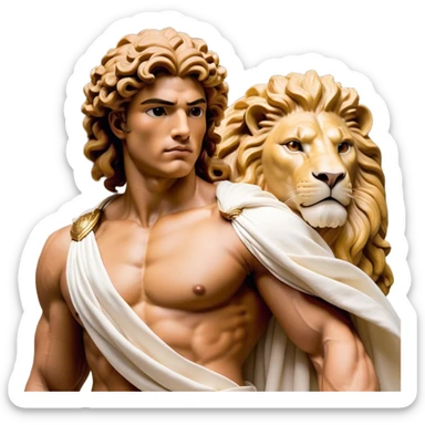 Cinematic Realistic Hercules Portrait, depicted as a classical Greek hero merging the fierce masculinity of the lion-wrestling Hercules with the refined face of Michelangelo's David. His light tan, chiseled skin glows with timeless strength, and his thick, curly, golden brown hair cascades in natural, sculpted curls reminiscent of a warrior’s mane. Draped in a flowing white robe with delicate golden accents and crowned with a traditional Greek laurel wreath, his intense, determined eyes exude noble might, all rendered under dynamic natural lighting with a mythic, radiant glow. sticker
