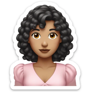 White woman with long black curly hair and bangs and dark brown eyes, wearing a pastel pink dress sticker