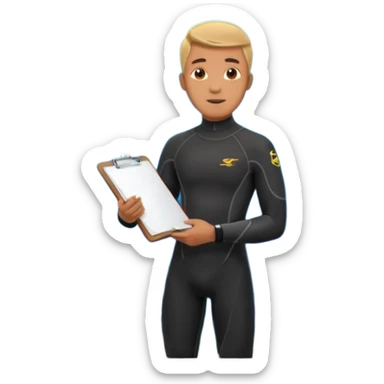 male marine conservationist in a wetsuit holding a clipboard surrounded by ocean life sticker