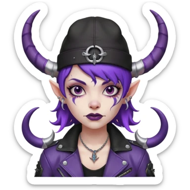 purple girl demon with tattoos, hat, jacket and horns sticker